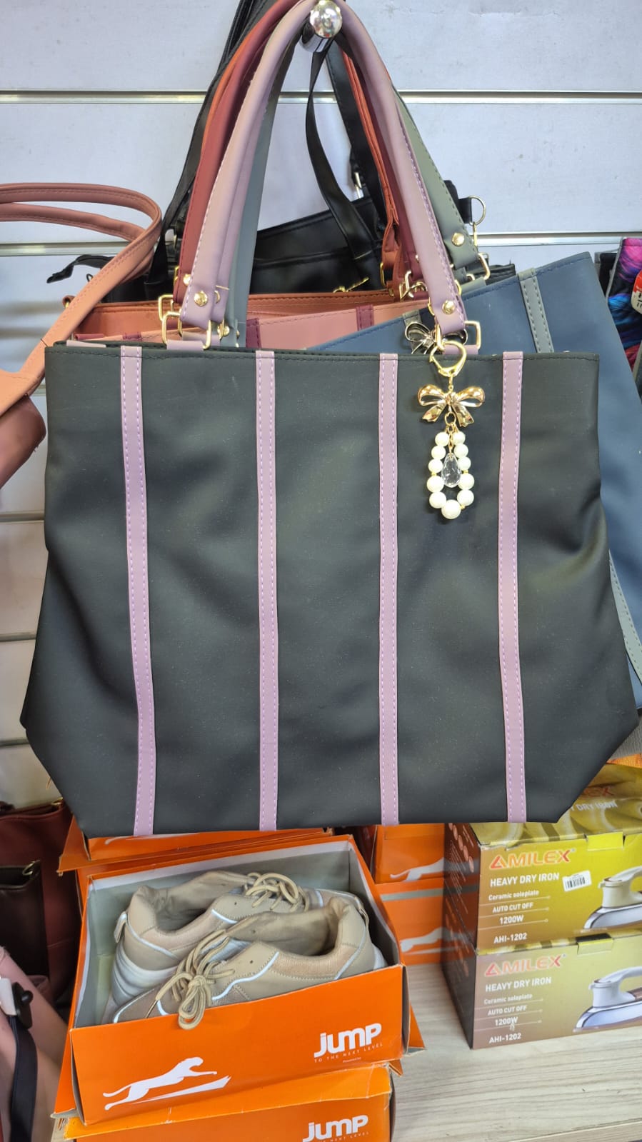 Stripe Accent Tote – Grey and Pink